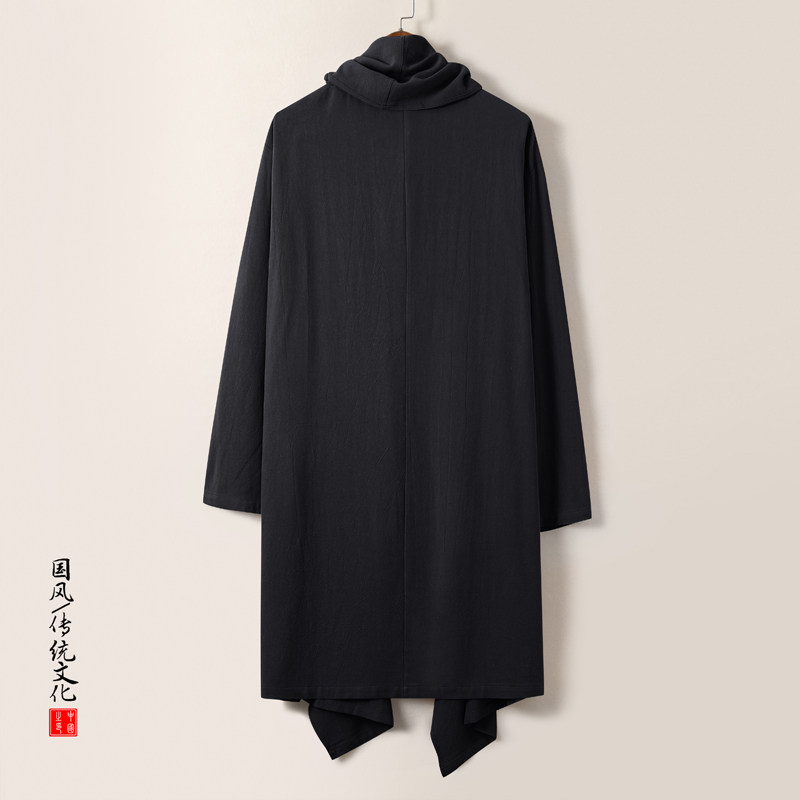QT715-C818-P115风亚麻古装禅修假两件衬衫汉服居士风衣男-黑,男装风衣,钱塘715