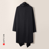 QT715-C818-P115风亚麻古装禅修假两件衬衫汉服居士风衣男-黑，男装风衣，钱塘715