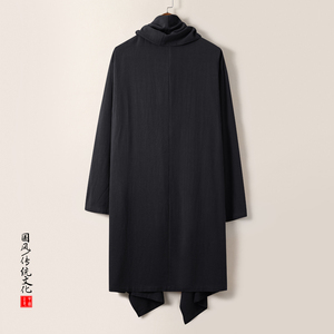 QT715-C818-P115风亚麻古装禅修假两件衬衫汉服居士风衣男-黑图片