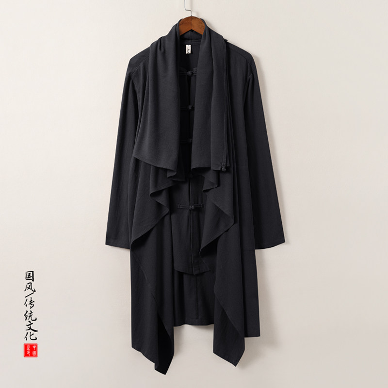 QT715-C818-P115风亚麻古装禅修假两件衬衫汉服居士风衣男-蓝,男装风衣,钱塘715