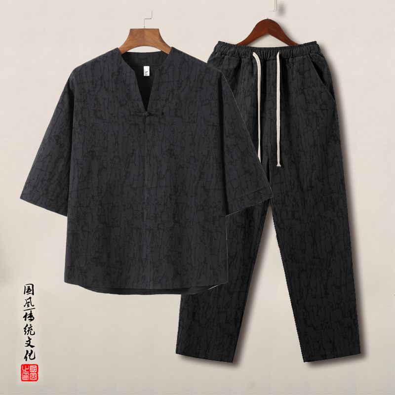 QT715-TZ001-P115风提花棉麻套装中式复古短袖T恤男-1,男装T恤,钱塘715