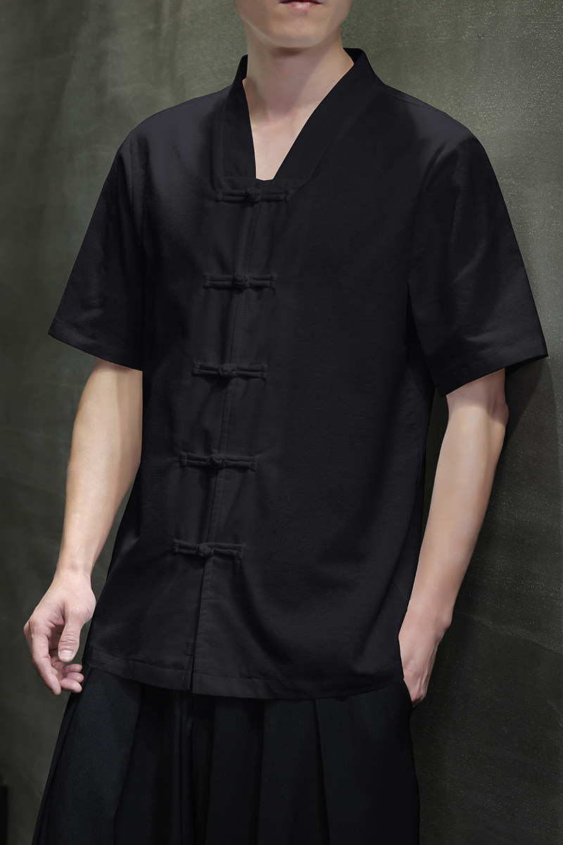 QT715-820-P55风夏季短袖衬衫V领棉麻大码盘扣半袖衬衣-黑,男装T恤,钱塘715