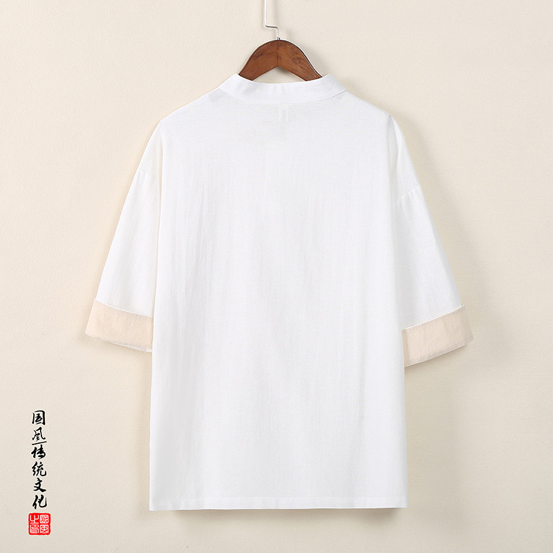QT715-T810-P45夏季风棉麻立领盘口复古短袖T恤男-白,男装T恤,钱塘715
