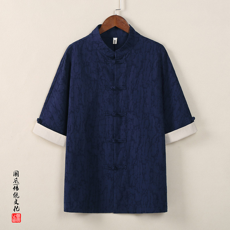 QT715-C807-P65风夏季棉麻提花短袖衬衫中式唐装衬衣-黑,男装衬衫,钱塘715