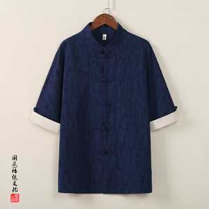 QT715-C807-P65风夏季棉麻提花短袖衬衫中式唐装衬衣-黑图片