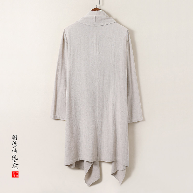 QT715-C818-P115风亚麻古装禅修假两件衬衫汉服居士风衣男-米,男装风衣,钱塘715