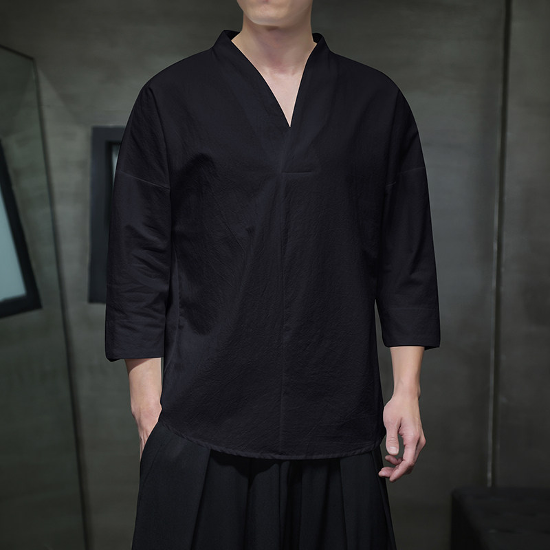 QT715-7022-特P25风夏季棉麻汉服T恤男七分袖宽松七分袖T恤-5,男装T恤,钱塘715
