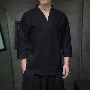 QT715-7022-特P25风夏季棉麻汉服T恤男七分袖宽松七分袖T恤-5图片
