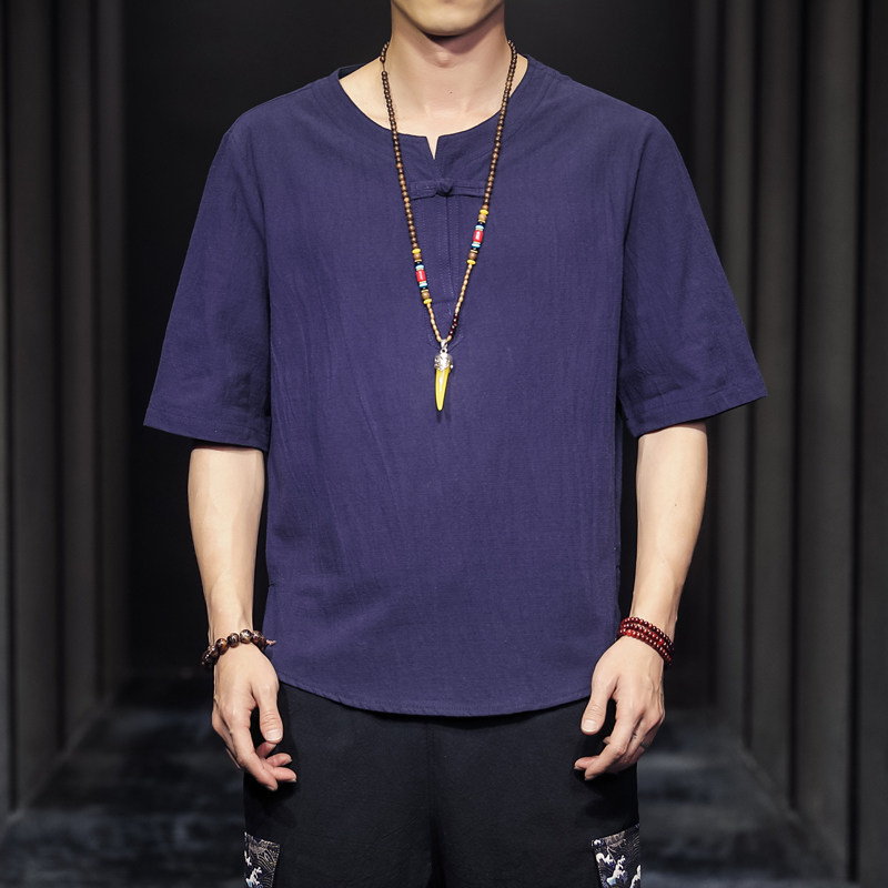 QT715-7025-P35夏季风V领汉服七分袖T恤棉麻男短袖体恤-灰,男装T恤,钱塘715