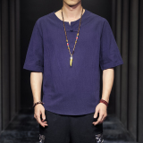 QT715-7025-P35夏季风V领汉服七分袖T恤棉麻男短袖体恤-黑，男装T恤，钱塘715