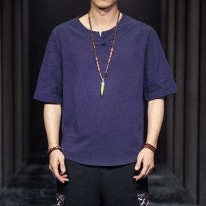QT715-7025-P35夏季风V领汉服七分袖T恤棉麻男短袖体恤-灰图片