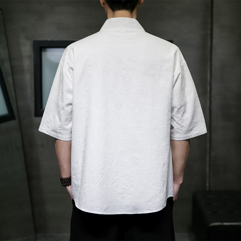 QT715-808-P60夏季风棉麻提花短袖衬衫男暗扣V领衬衣-灰,男装衬衫,钱塘715