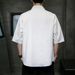 QT715-808-P60夏季风棉麻提花短袖衬衫男暗扣V领衬衣-灰图片