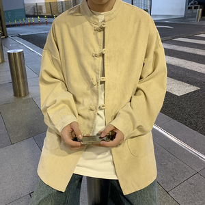 QT715-802-P55港风春秋大码复古灯芯绒长袖衬衫外套男女百搭-米图片