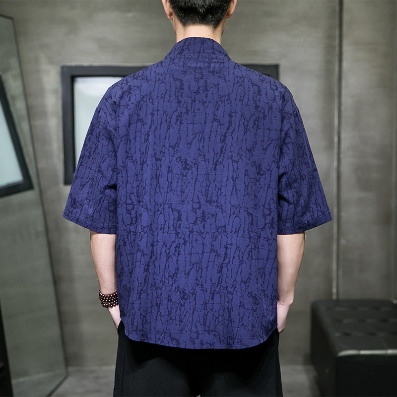 QT715-808-P60夏季风棉麻提花短袖衬衫男暗扣V领衬衣-灰,男装T恤,钱塘715