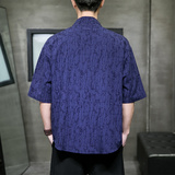 QT715-808-P60夏季风棉麻提花短袖衬衫男暗扣V领衬衣-灰，男装T恤，钱塘715