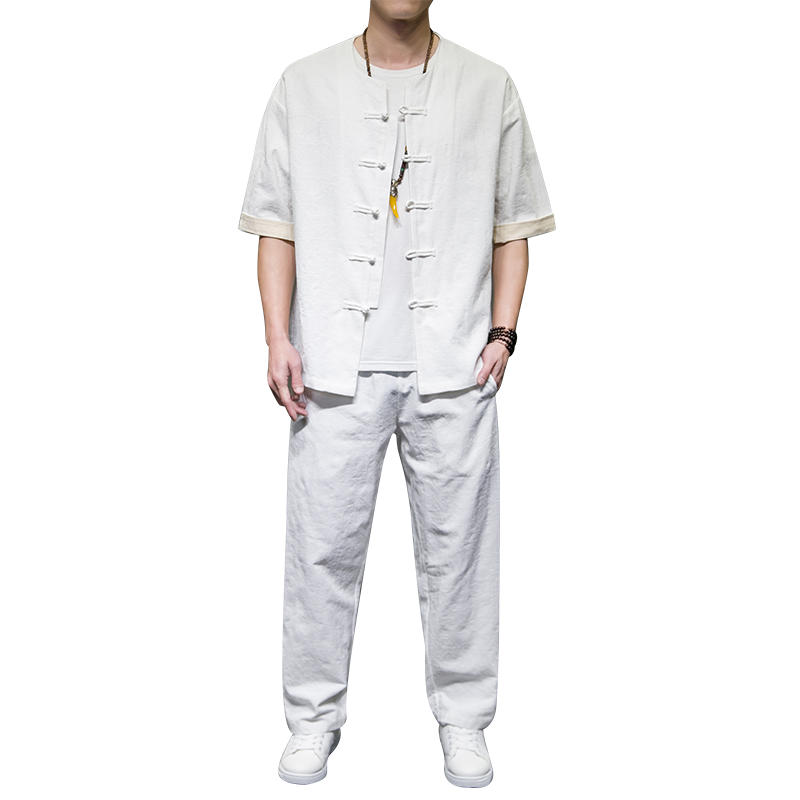 QT715-809-P100夏季风棉麻提花套装男短袖衬衫长裤套装-蓝,男装衬衫,钱塘715