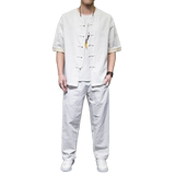 QT715-809-P100夏季风棉麻提花套装男短袖衬衫长裤套装-白，男装衬衫，钱塘715