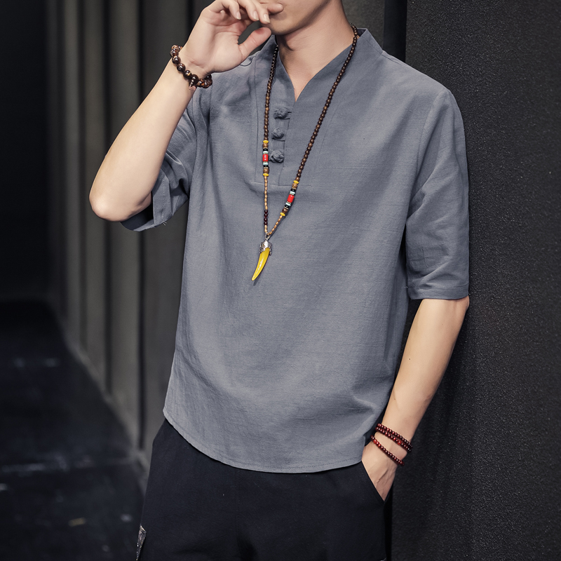 QT715-7026-P35夏季风V领汉服五分袖T恤棉麻男短袖体恤-1，男装T恤，钱塘715