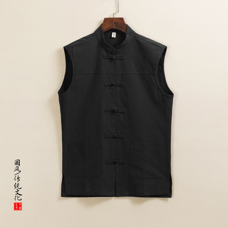 QT715-C5-P55春夏风棉麻复古盘扣中式唐装背心男无袖马甲-黑图片