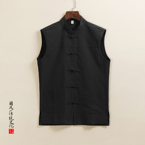 QT715-C5-P55春夏风棉麻复古盘扣中式唐装背心男无袖马甲-红图片