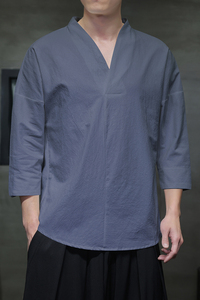QT715-7022-特P25风夏季棉麻汉服T恤男七分袖宽松七分袖T恤-4图片
