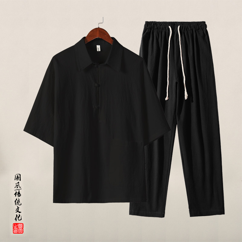 QT715-TZ823-P90夏季风棉麻T恤套装男宽松潮唐装两件套-1,男装T恤,钱塘715