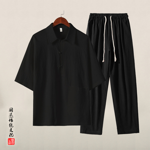 QT715-TZ823-P90夏季风棉麻T恤套装男宽松潮唐装两件套-1