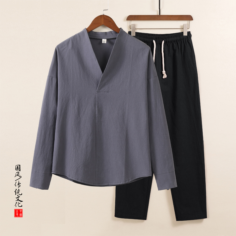 QT715-TZ7029-P75风春秋棉麻长袖T恤套装男中式唐装两件套，男装休闲套装，钱塘715
