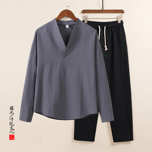 QT715-TZ7029-P75风春秋棉麻长袖T恤套装男中式唐装两件套图片