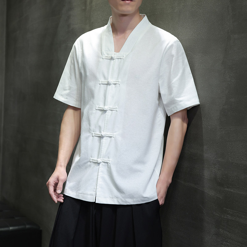 QT715-820-P55风夏季短袖衬衫V领棉麻大码盘扣半袖衬衣-黑,男装T恤,钱塘715