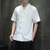 QT715-820-P55风夏季短袖衬衫V领棉麻大码盘扣半袖衬衣-黑，男装T恤，钱塘715