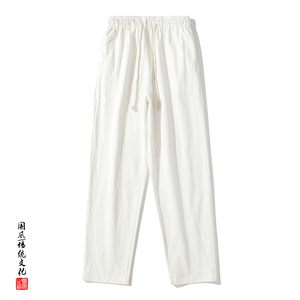 QT715-7090-P38百搭棉麻休闲男宽松直筒大码运动风裤子-黑图片