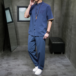 QT715-7056-P80夏季风棉麻套装男短袖衬衫长裤套装-红图片