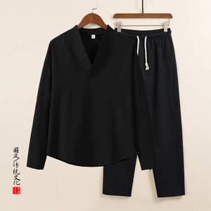 QT715-TZ7029-P75风春秋棉麻长袖T恤套装男中式唐装两件套图片