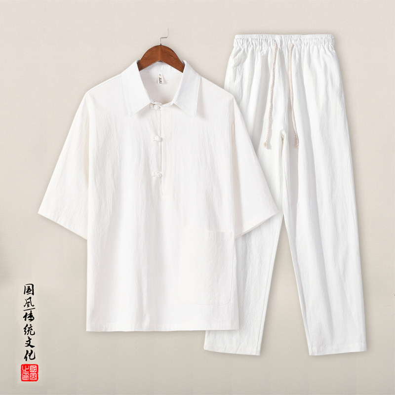 QT715-TZ823-P90夏季风棉麻T恤套装男宽松潮唐装两件套-1,男装T恤,钱塘715
