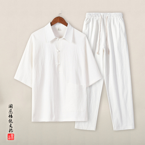 QT715-TZ823-P90夏季风棉麻T恤套装男宽松潮唐装两件套-1图片