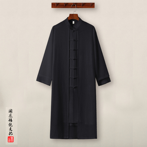 QT715-A2-P135春秋风中长款风衣盘扣唐装中式复古衬衣-黑图片