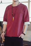 QT715-7221-P60风夏季短袖汉服衬衫男盘扣古装唐装-红，男装T恤，钱塘715