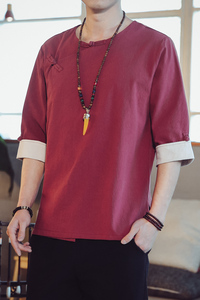 QT715-7221-P60风夏季短袖汉服衬衫男盘扣古装唐装-红图片