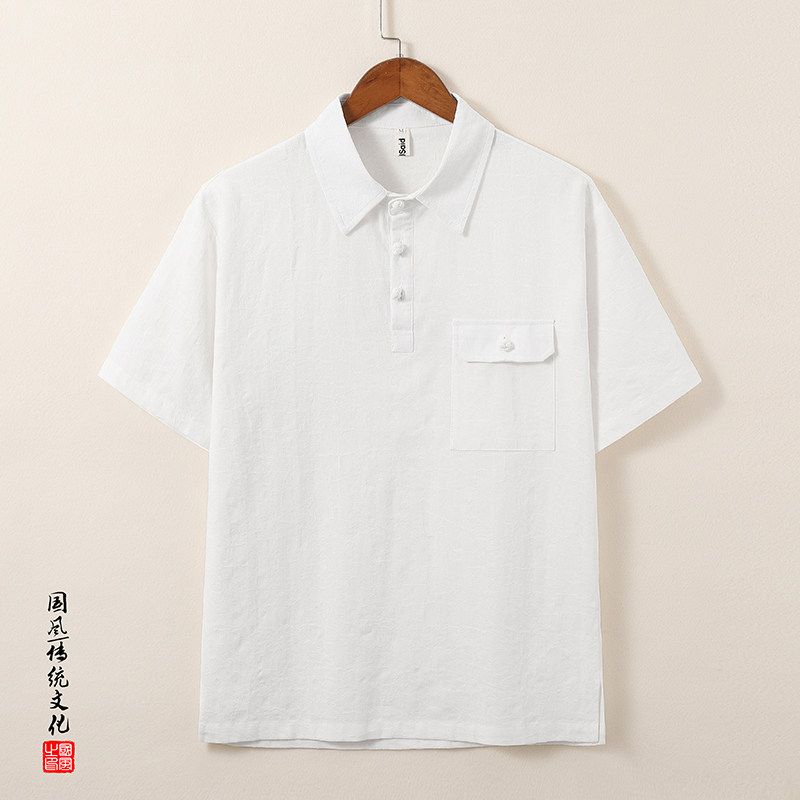 QT715-T816-P65风棉麻提花短袖T恤男复古衬衫领小衫-灰,男装T恤,钱塘715