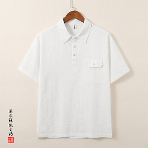 QT715-T816-P65风棉麻提花短袖T恤男复古衬衫领小衫-灰图片