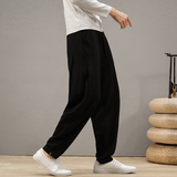 QT715-K7106-P65风亚麻长裤直筒裤松紧腰中青年透气裤子大-麻，男装休闲裤，钱塘715