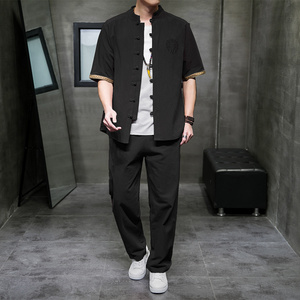 QT715-7056-P80夏季风棉麻套装男短袖衬衫长裤套装-红图片
