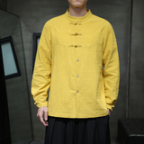 QT715-819-P65风2025秋新款棉麻提花盘扣中式唐装长袖衬衫男，男装衬衫，钱塘715