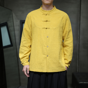 QT715-819-P65风2025秋新款棉麻提花盘扣中式唐装长袖衬衫男图片