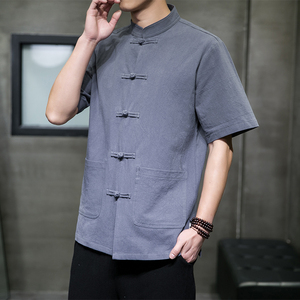 QT715-7010-P55风夏季棉麻衬衣盘扣中式唐装短袖衬衫男-白图片