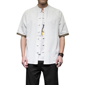 QT715-7013-P50风夏季短袖衬衫男棉麻透气衬衣-白图片