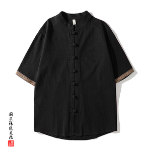 QT715-C7013-P50夏季新中式风中山装衬衫男短袖棉麻刺绣衬衣2图片