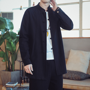 QT715-7211-P65風(fēng)秋棉麻長(zhǎng)袖立領(lǐng)襯衫中長(zhǎng)款風(fēng)衣復(fù)古中式-黑圖片